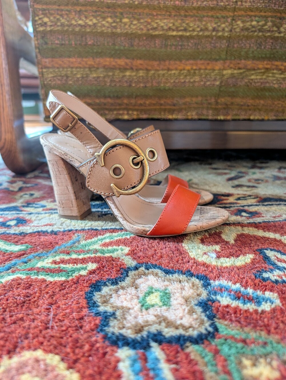 Coach Robin Slingback Block Heel Sandals Orange Tan Leather Gold Cork ColorBlock